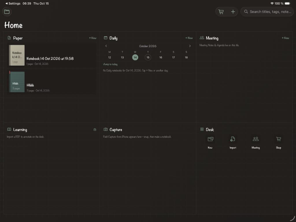 Stillpaper Home on iPad in dark appearance — six-tile desk with handwritten titles