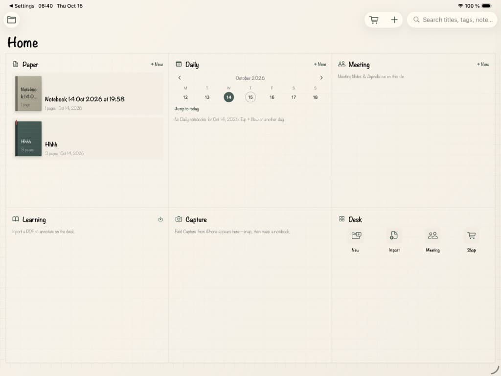 Stillpaper Home on iPad in light appearance — six-tile desk with handwritten titles